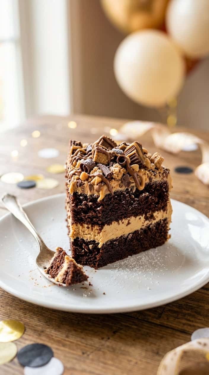 A slice of peanut butter cup crumble cake on a white plate with crushed peanut butter cups on top, set against a softly blurred festive background.