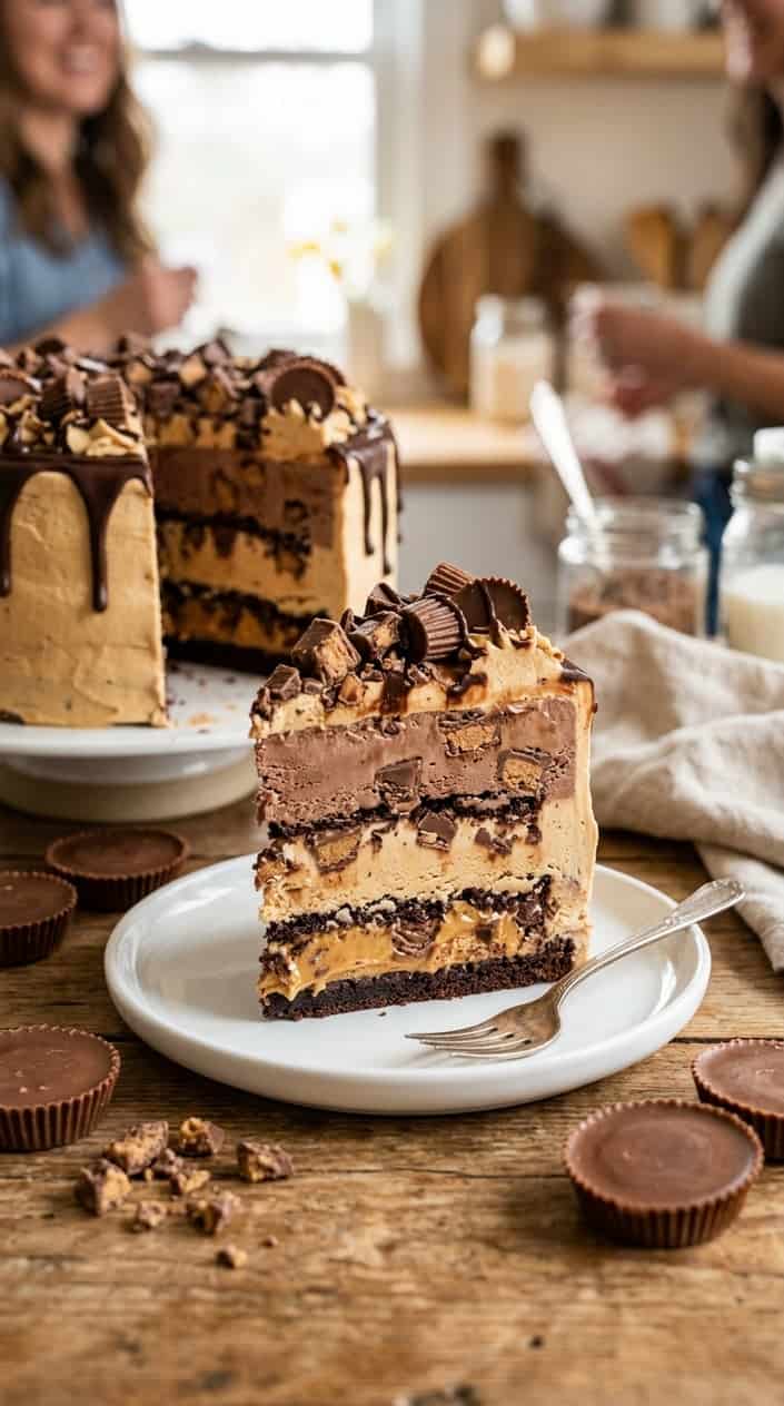 A sliced peanut butter cup ice cream layer cake with visible chunks of chopped Reese's peanut butter cups on a white plate.