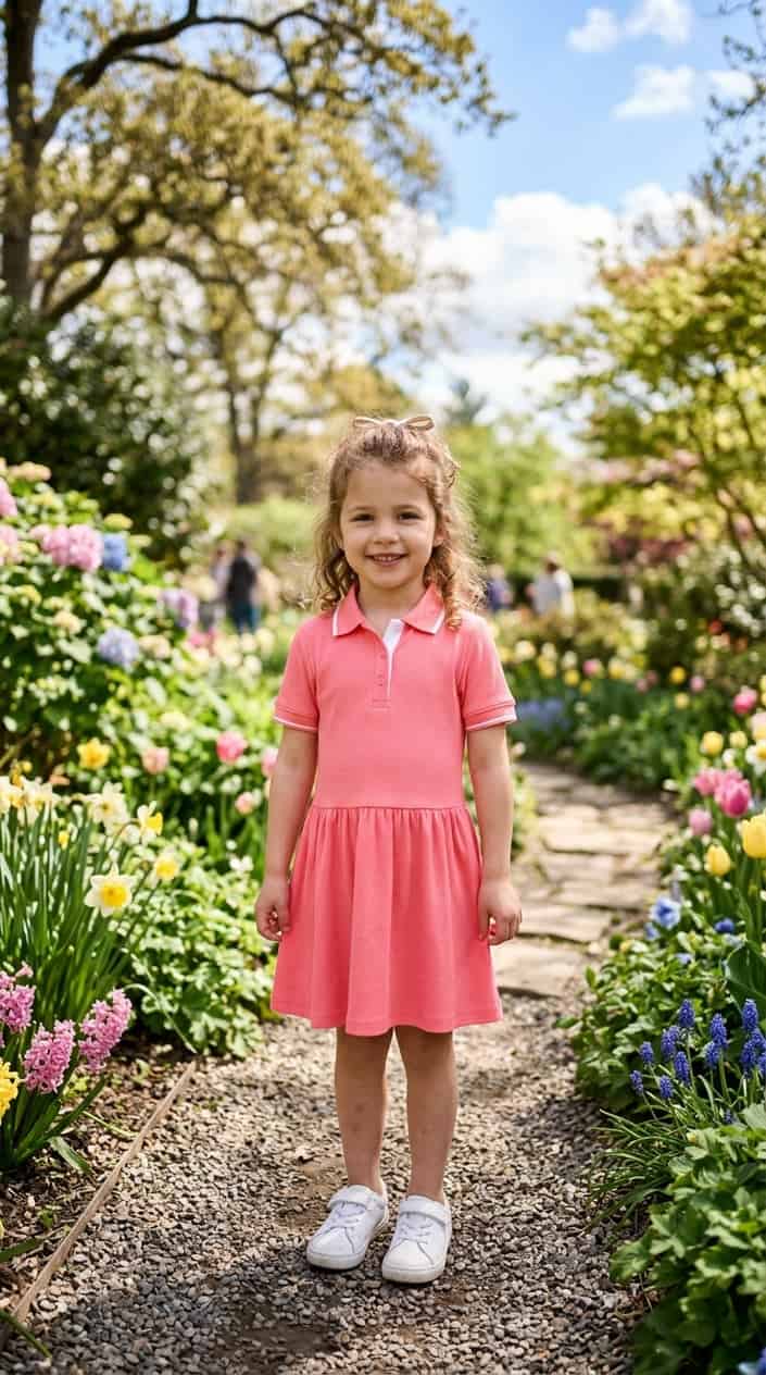 A young child smiling outdoors wearing a casual dress, standing in a garden with greenery and flowers.