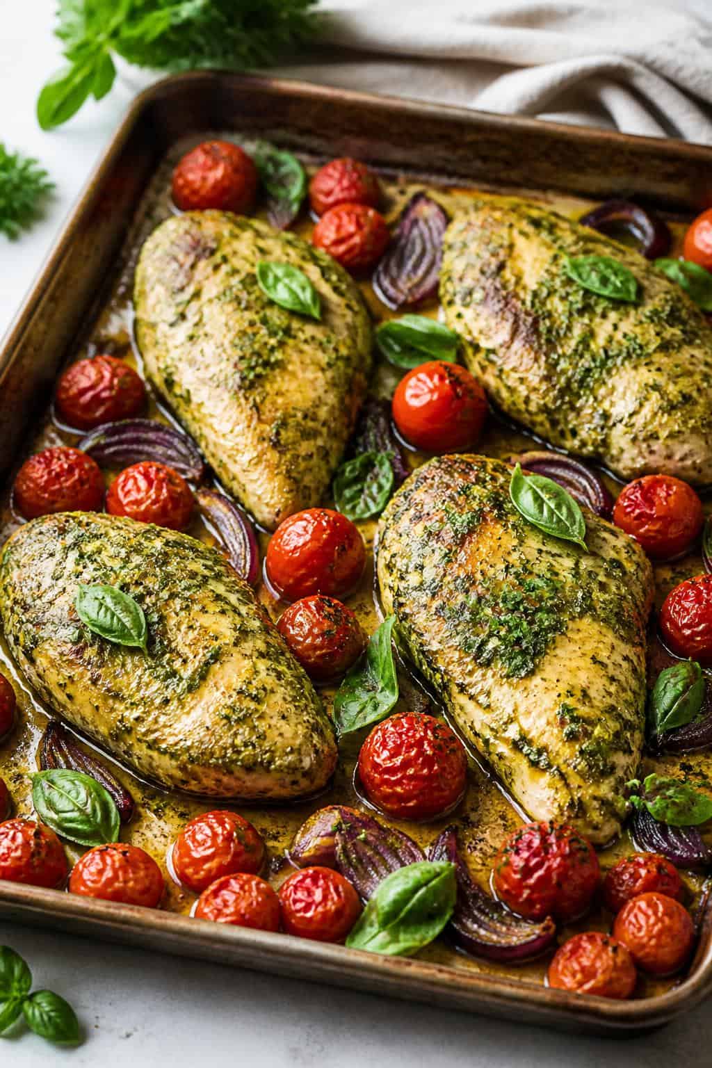 15 Budget Sheet Pan Dinners With Almost No Cleanup 9 Pesto-slicked chicken breasts with blistered cherry tomatoes on a foil-lined sheet pan sitting on a light kitchen countertop.