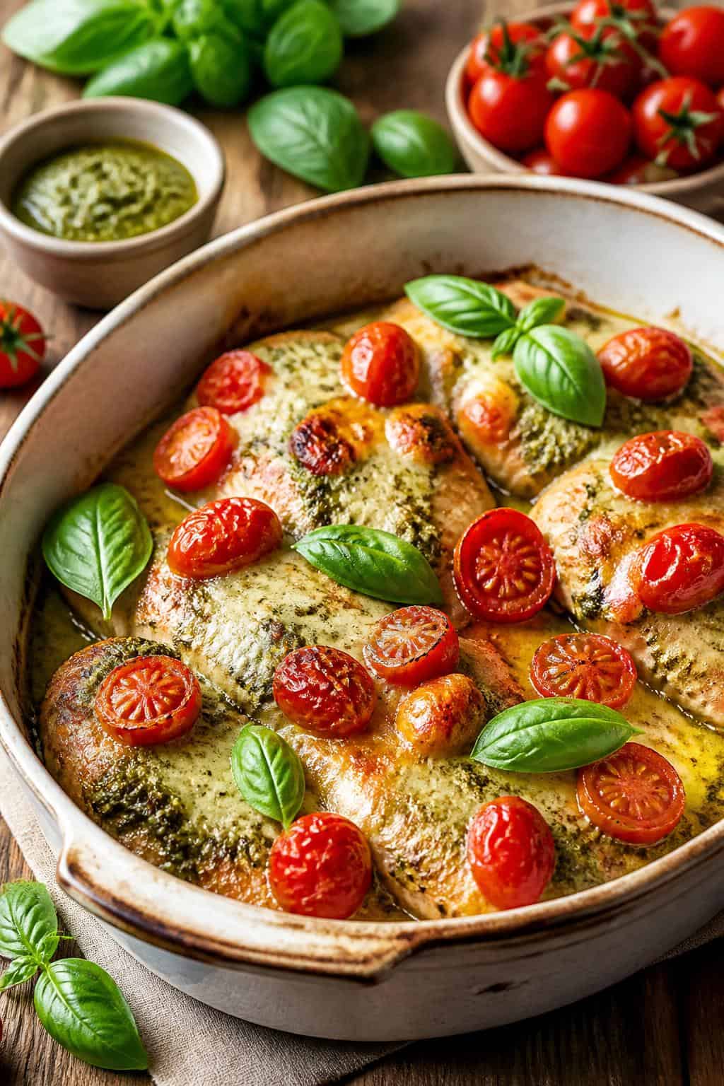 20 Chicken Casserole Recipes for Big Gatherings 12 A baked chicken and cherry tomato casserole in a ceramic dish on a wooden table, with golden mozzarella and Parmesan topping and fresh basil leaves visible.