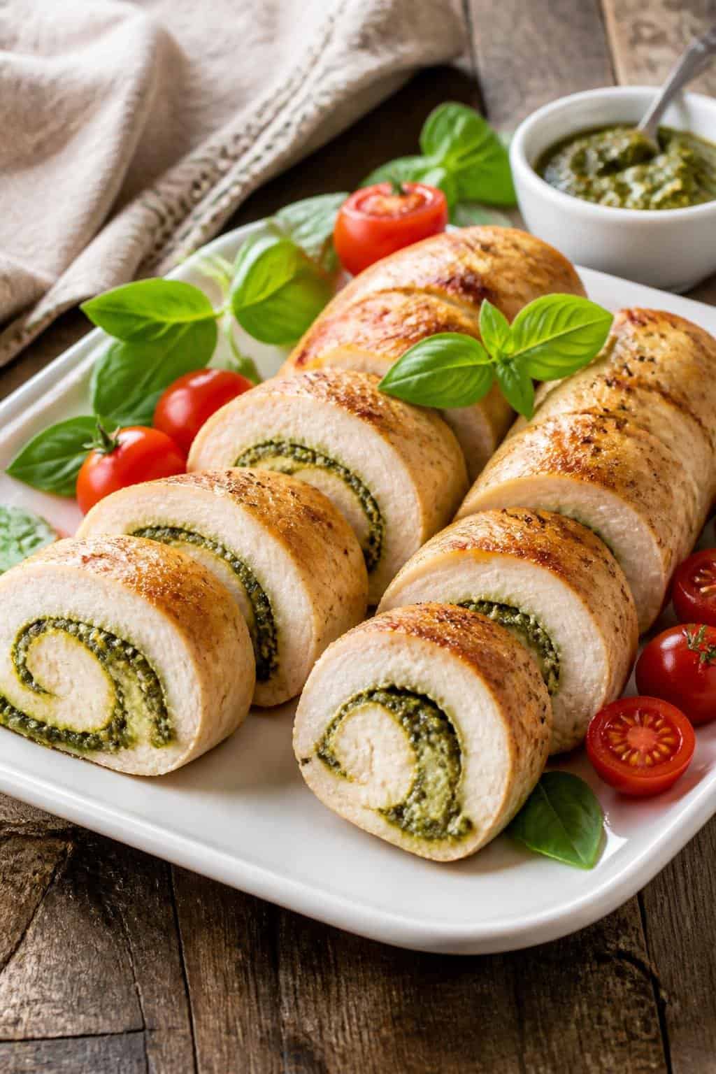 A platter of sliced pesto chicken roll-ups garnished with basil leaves and cherry tomatoes on a wooden table.