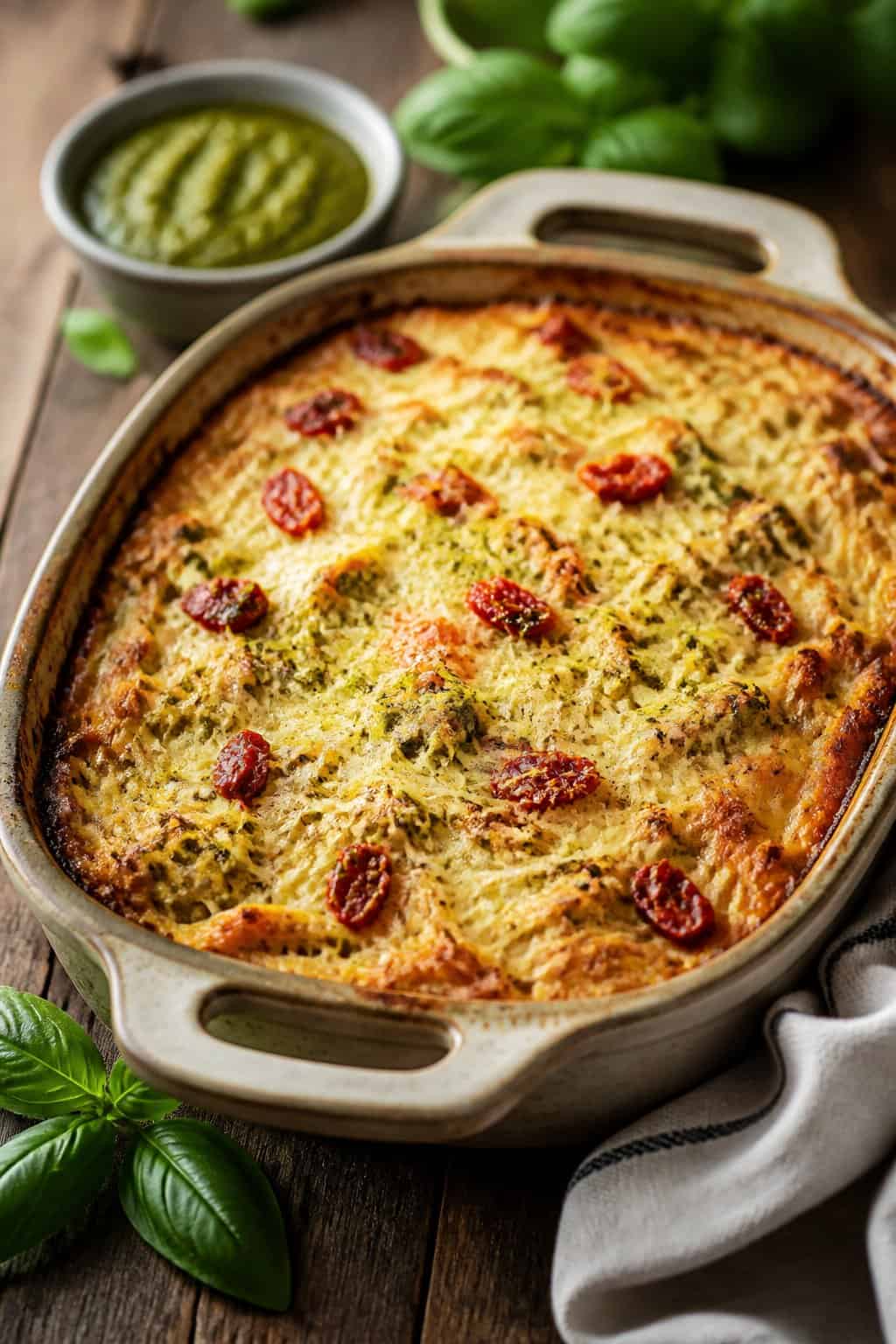 A casserole dish filled with golden hashbrown casserole containing chicken, pesto, and sun-dried tomatoes on a wooden table with basil leaves nearby.