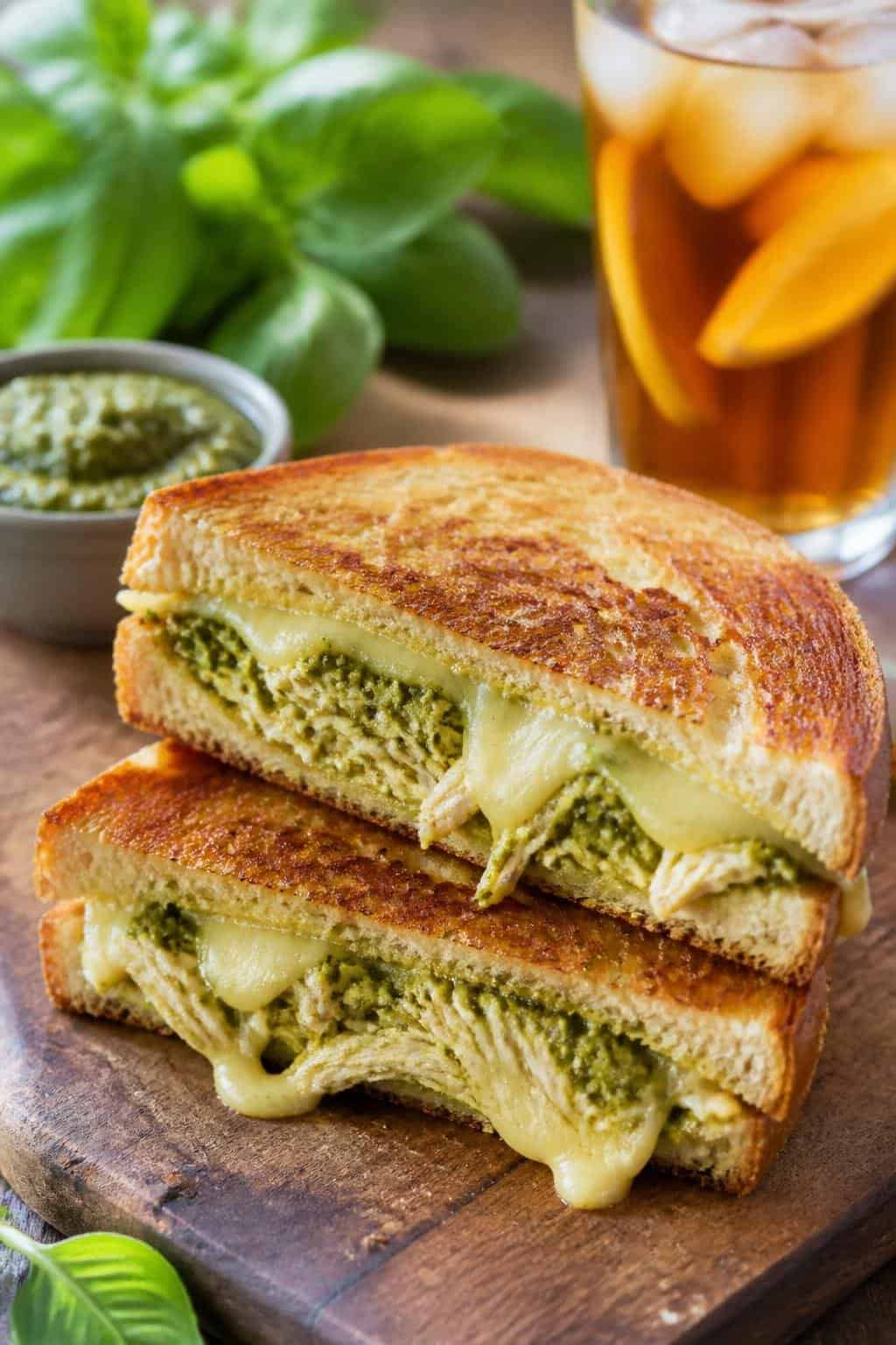 A grilled cheese sandwich on a wooden board, cut diagonally to show layers of melted mozzarella and pesto-coated shredded chicken between golden-brown sourdough slices, with fresh basil leaves and a glass of iced tea in the background.