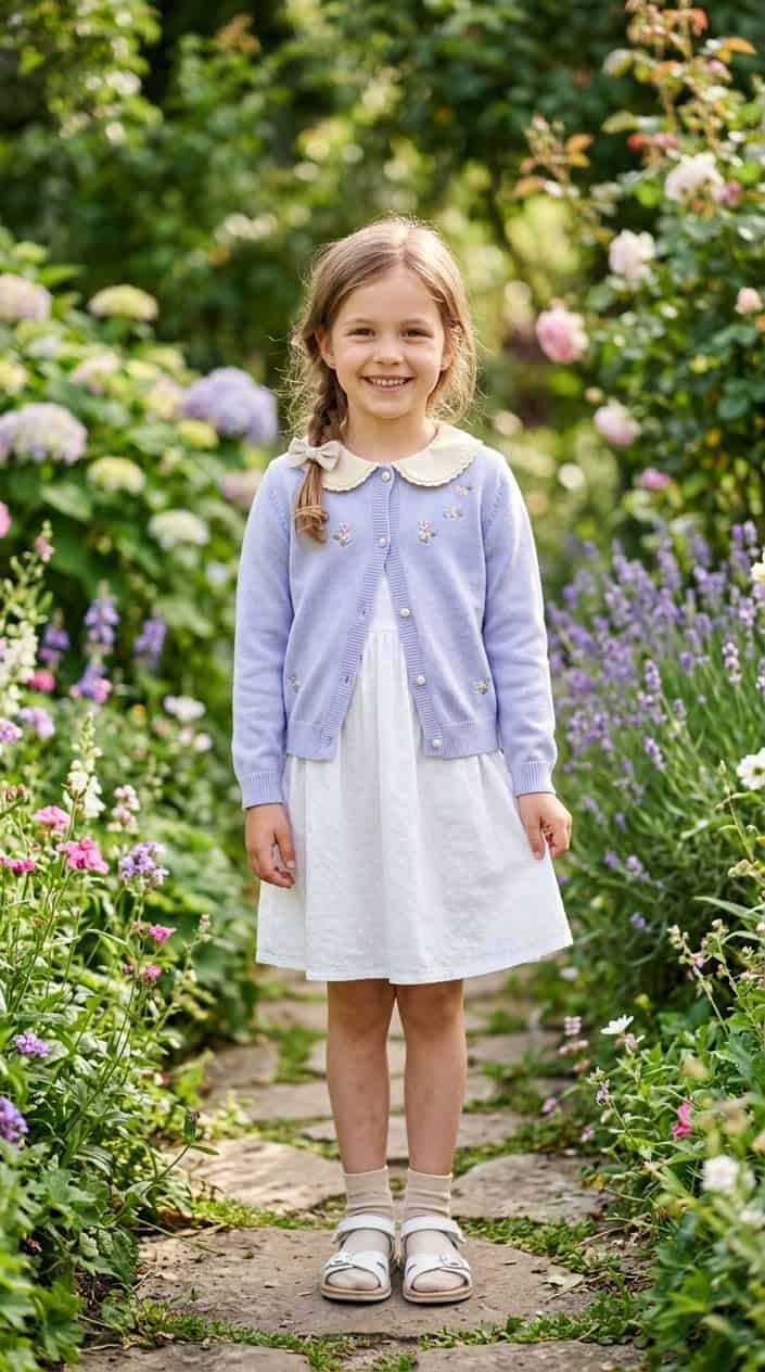 Retro-Inspired Summer Outfits for Girls 16 A young girl wearing a pastel cardigan with a Peter Pan collar standing outdoors surrounded by greenery.