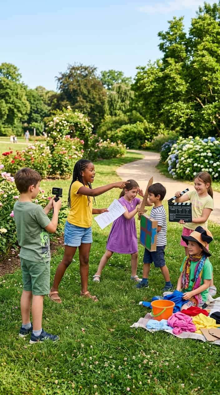 Summer Activities for Kids Beyond Going Outside 29 A group of children directing a mini-movie outdoors on a sunny summer day, working together with a camera and props in a green park.