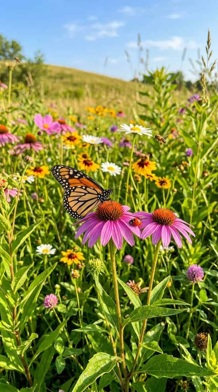 18 Kid-Friendly Outdoor Summer Activities for Tweens and Older Kids 20 Extreme close-up of bright yellow wildflowers with a small beetle visible on one petal, soft green leaves and blurred blue sky in the background.