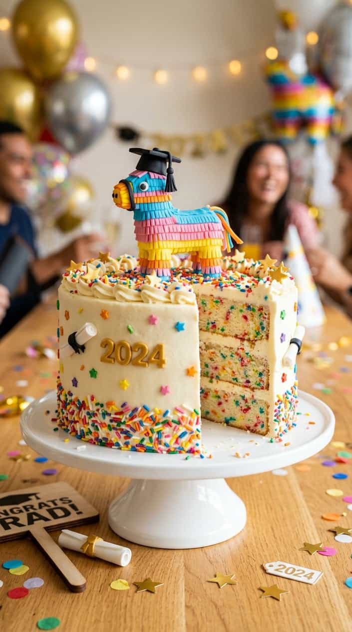 A colorful funfetti cake with a piñata decoration on top, surrounded by graduation-themed decorations on a wooden table.