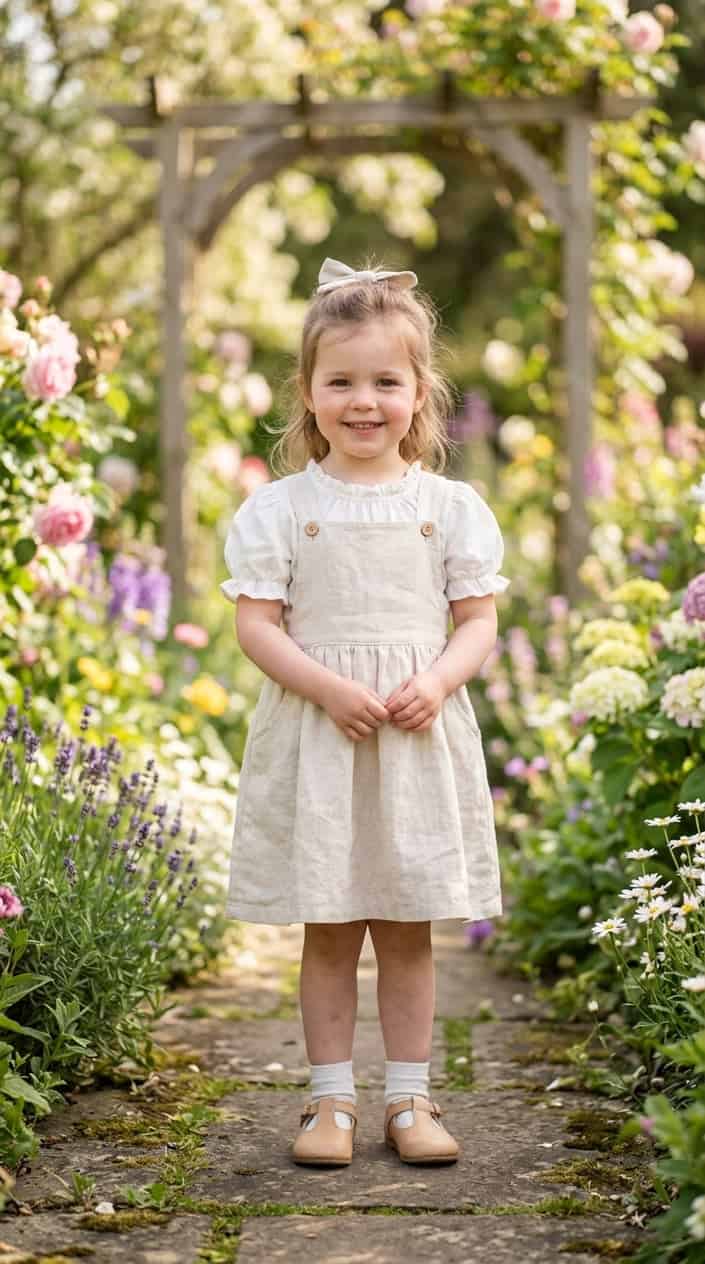 A young child wearing a light-colored pinafore dress standing outdoors with greenery and flowers in the background.