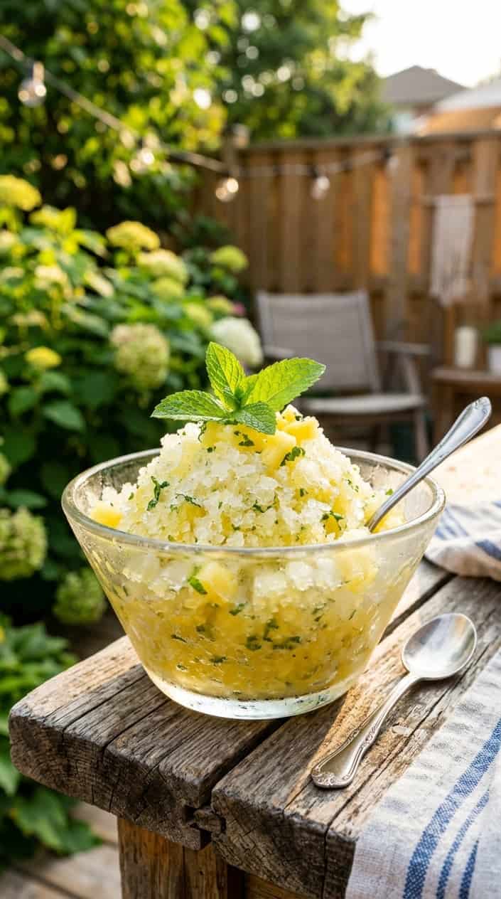 Summer Desserts That Hold Up in the Heat 8 A bowl of pineapple and mint granita garnished with fresh mint leaves on a wooden table in a sunlit backyard.