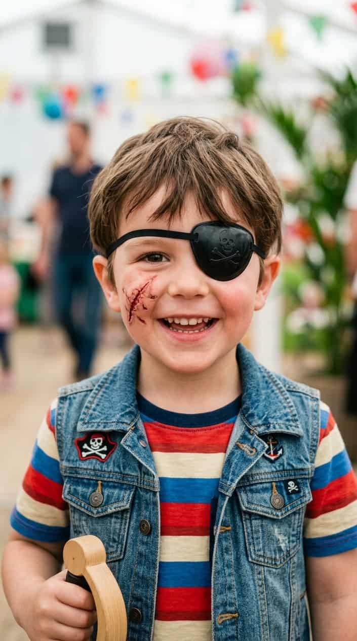 A child wearing a pirate eye patch and a painted scar on their cheek, smiling.