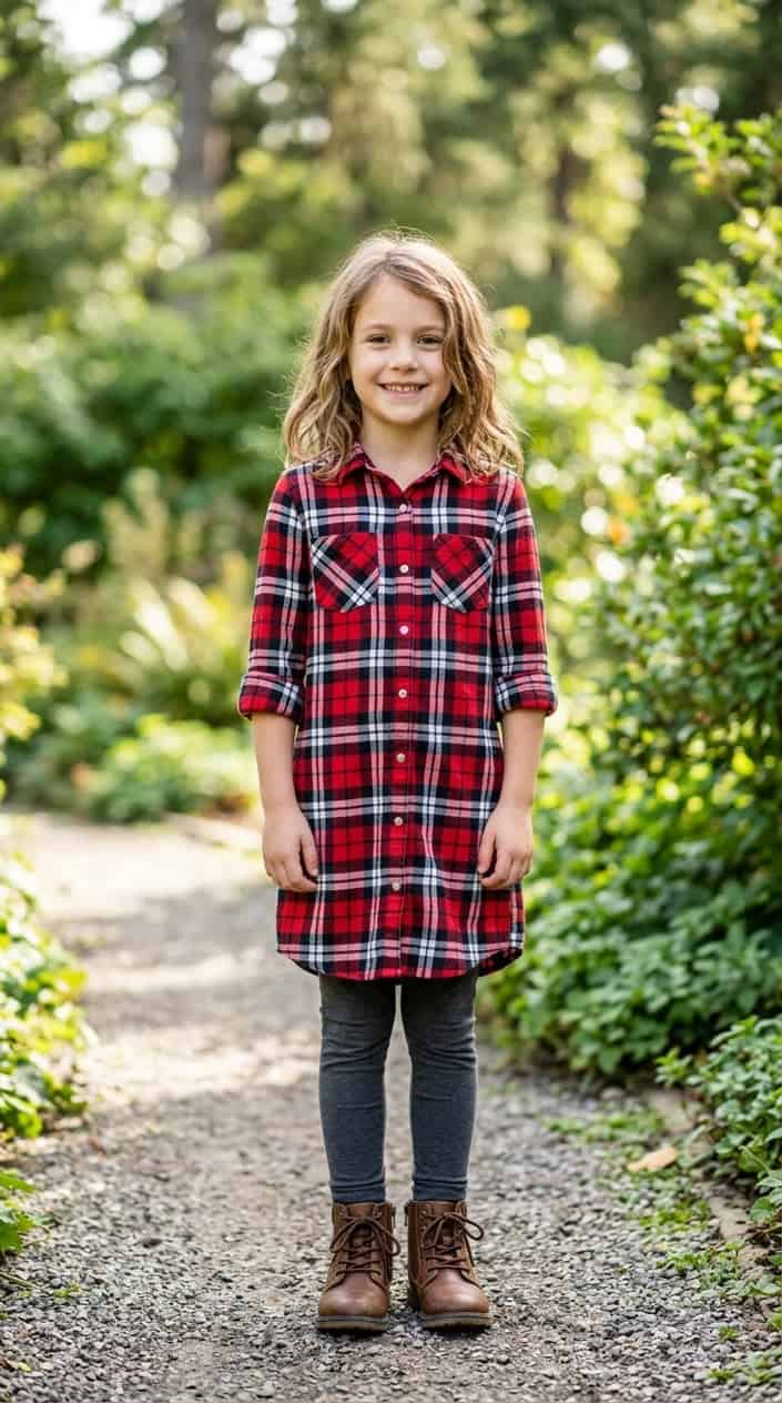 Little Girl Outfits She Won't Refuse to Wear 15 A young girl standing outdoors wearing a plaid shirt dress with snap buttons, smiling gently.