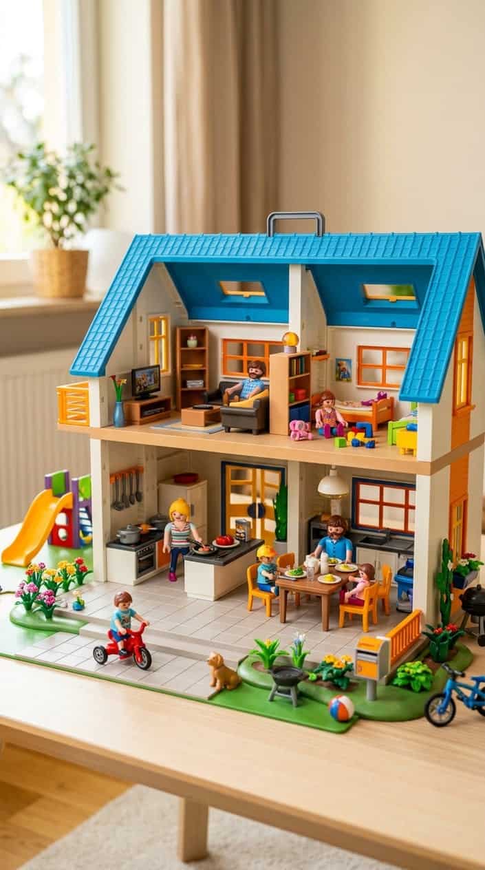 A detailed Playmobil family home toy set with miniature family figures playing inside and around a colorful dollhouse.