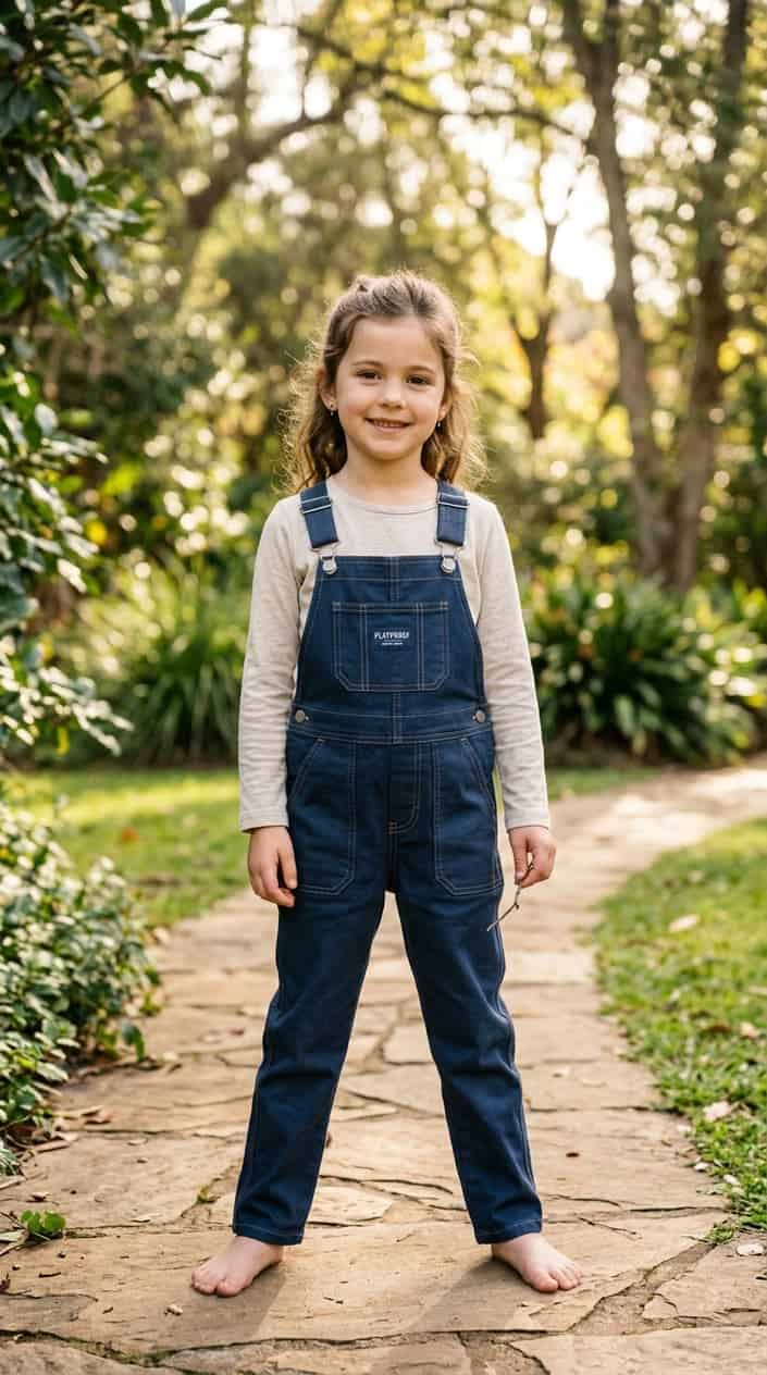 Little Girl Outfits She Won't Refuse to Wear 22 A young girl standing outdoors wearing adjustable strap overalls and a light shirt, smiling gently with a blurred green background.