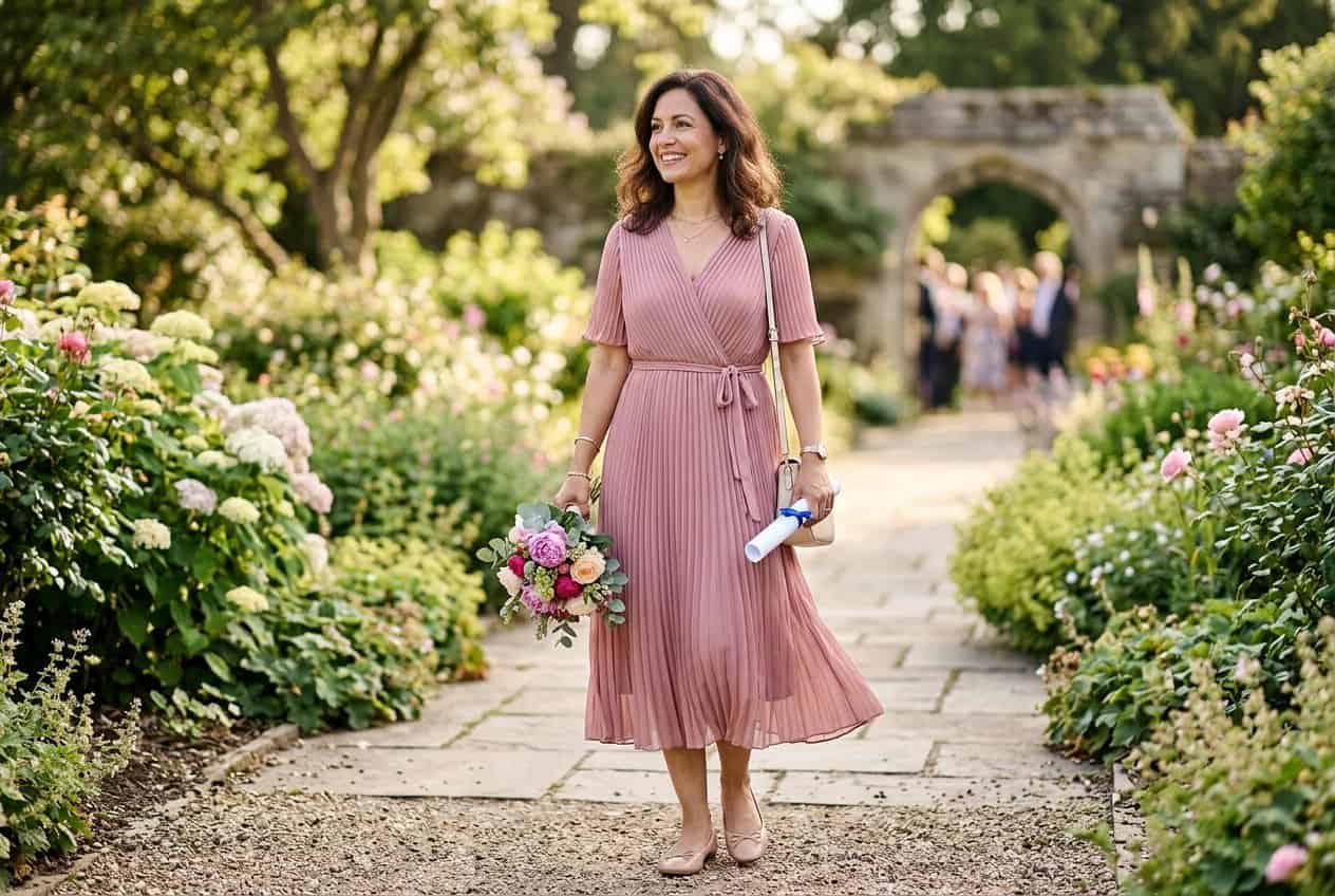 15 Mom Graduation Outfit Ideas to Shine With Style and Comfort 48 A woman standing outdoors wearing a pleated midi dress in a soft blush tone, the fabric catching slight movement, with ballet flats visible at the hem.