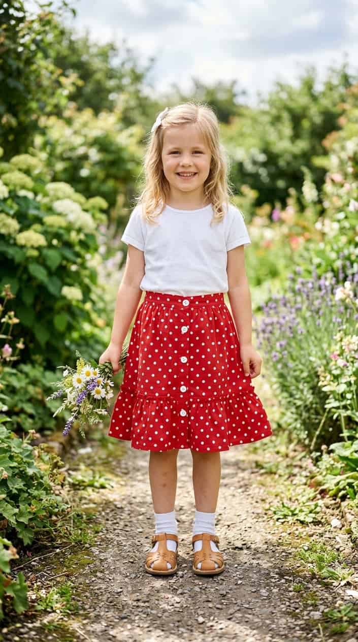 Retro-Inspired Summer Outfits for Girls 9 A young girl standing outdoors wearing a polka-dot skirt with buttons and ruffles.
