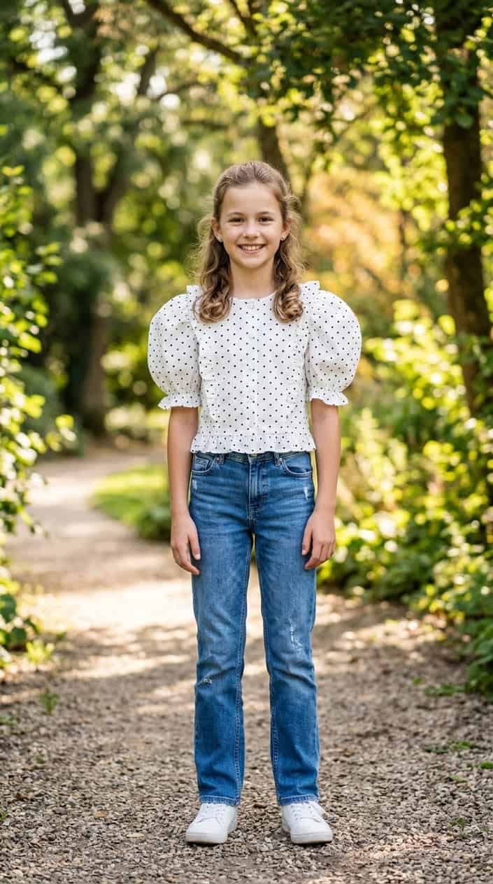 14 School Outfit Ideas for Girls Tired of the Same Three Tops 10 A young girl outdoors wearing a white polka dot puff-sleeve blouse and straight-leg blue jeans, smiling with greenery in the background.