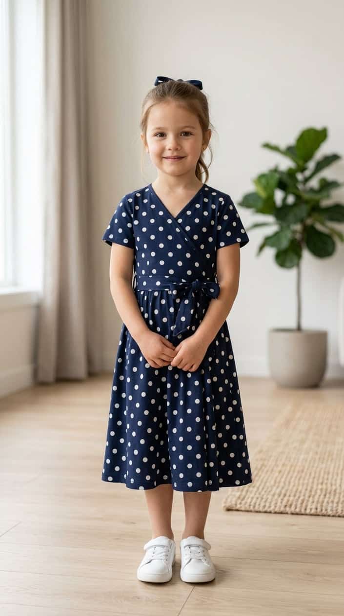 A young child standing indoors wearing a polka-dot dress, smiling gently at the camera.