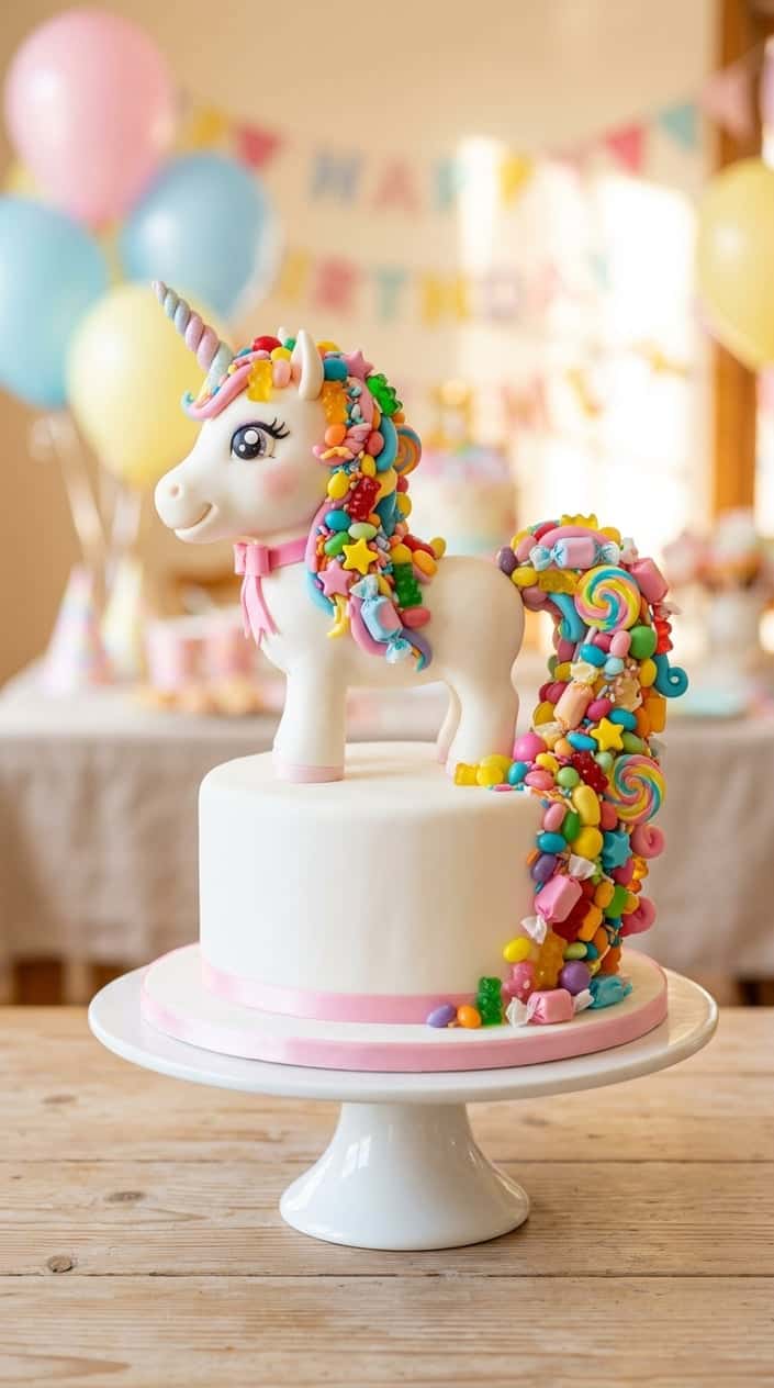 A colorful pony-shaped birthday cake with a candy mane styled in a ponytail, displayed on a white cake stand.