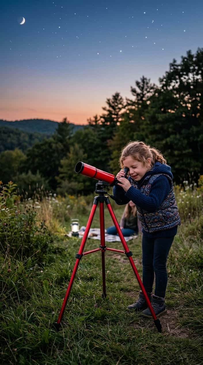 A child outdoors at dusk looking through a red kiddie telescope surrounded by grass and trees under a starry sky.