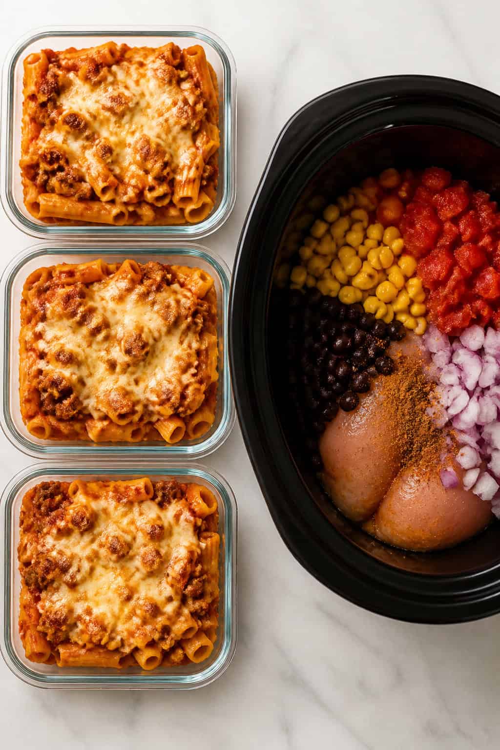 Glass meal prep containers and a slow cooker insert filled with ingredients on a kitchen counter.