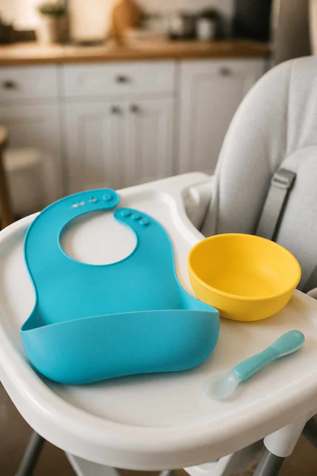 A practical silicone baby bib with a catch pocket next to a plastic bowl on a high chair tray.