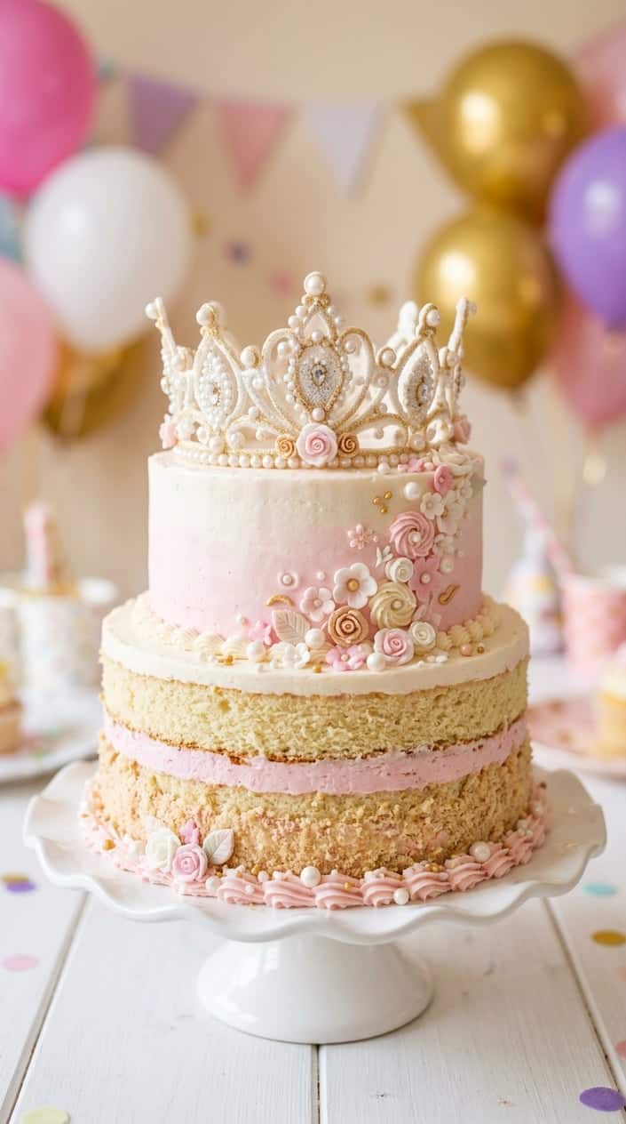 A pink and white princess tiara sponge cake decorated with edible pearls and flowers on a birthday party table.