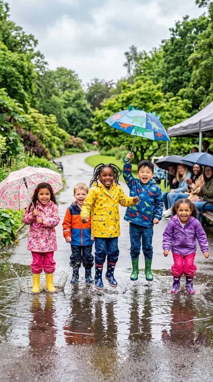 Children wearing colorful raincoats and boots jumping and splashing in puddles outdoors on a rainy day.