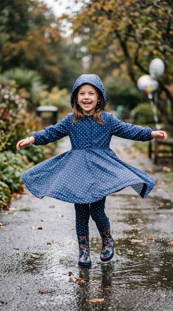 Little Girl Dress Styles for a Rainy Birthday Party 7 A young girl wearing a hooded dress is twirling happily outdoors on a rainy day with puddles around her.