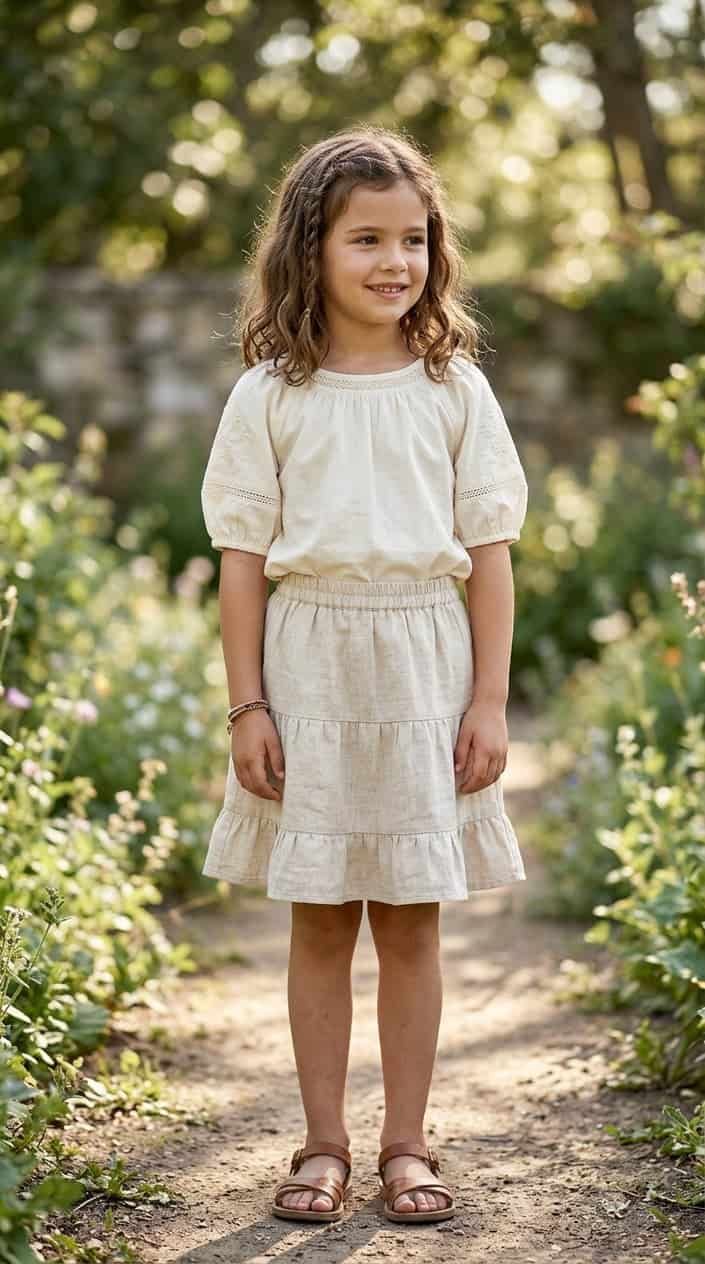 Little Girl Outfits She Won't Refuse to Wear 20 A young girl standing outdoors wearing a puff-sleeve blouse and elastic waist skirt, smiling with greenery in the background.