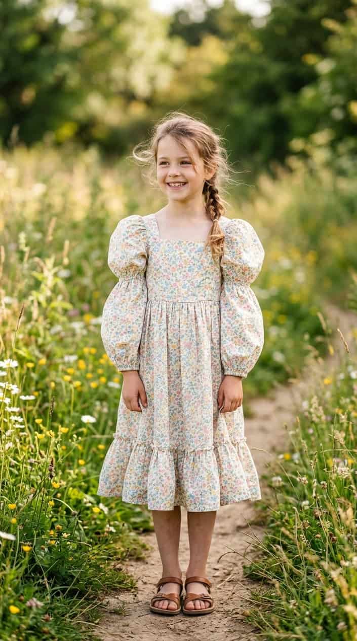 Retro-Inspired Summer Outfits for Girls 5 A young girl standing outdoors wearing a floral puff-sleeve dress on a sunny day.