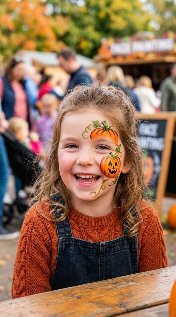 A smiling child with a pumpkin face painting on their chin.