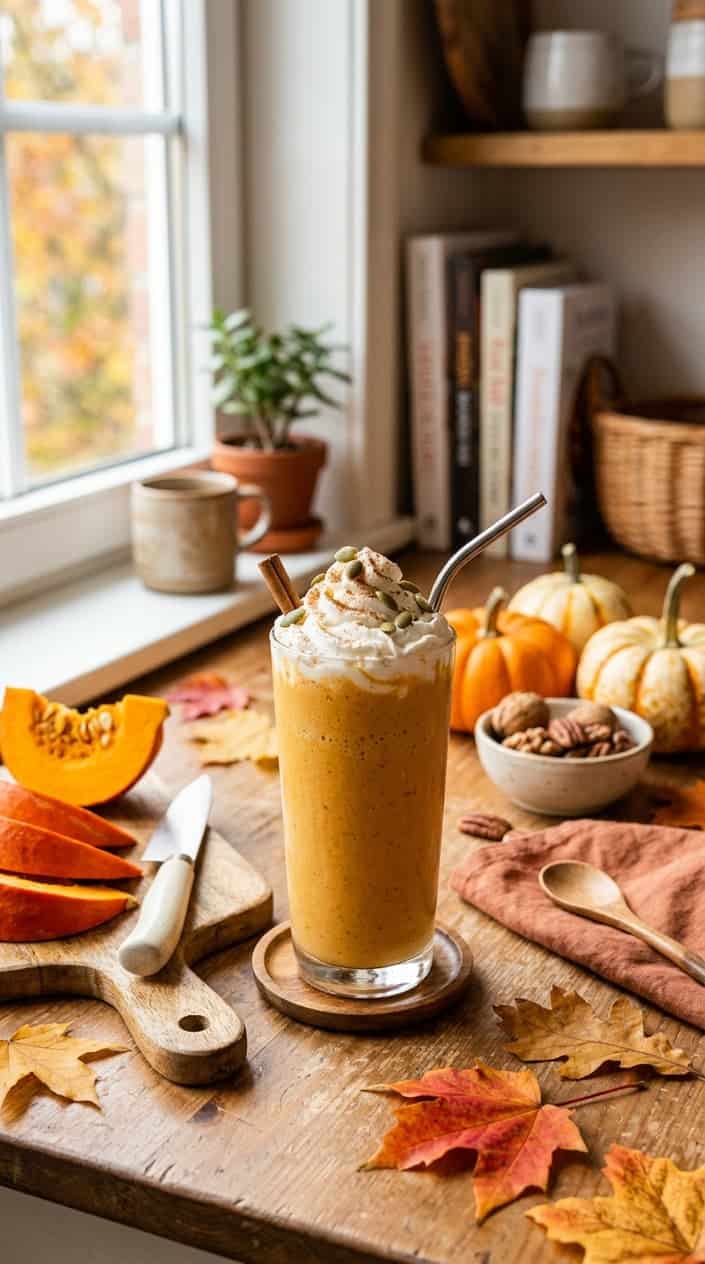 A glass of warm amber pumpkin smoothie topped with a swirl of whipped cream and a dusting of ground cinnamon, set on a rustic wooden surface surrounded by two small sugar pumpkins and a few dried autumn leaves.