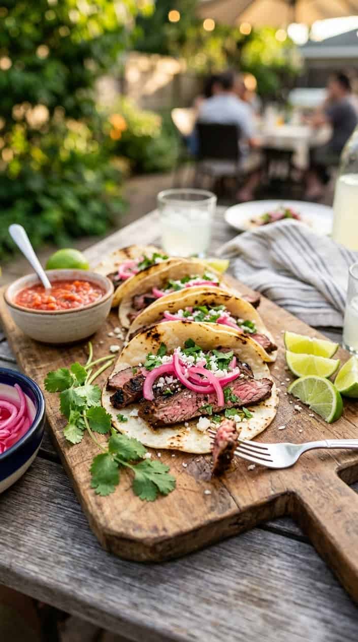 21 No-Heat Summer Dinner Recipes 21 A plate of flank steak tacos topped with pickled onions, garnished with cilantro and lime wedges on a wooden platter.