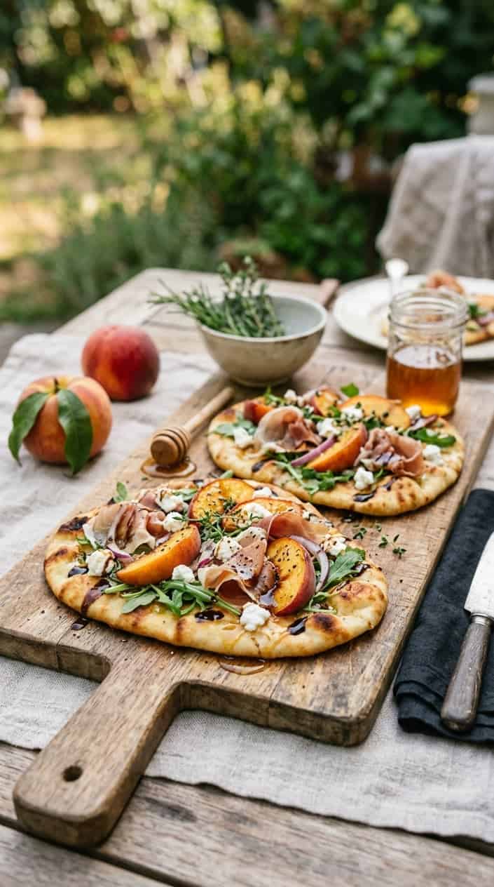 21 No-Heat Summer Dinner Recipes 8 Flatbreads topped with peach slices, prosciutto, and arugula on naan bread arranged on a wooden board with fresh peaches and herbs nearby.