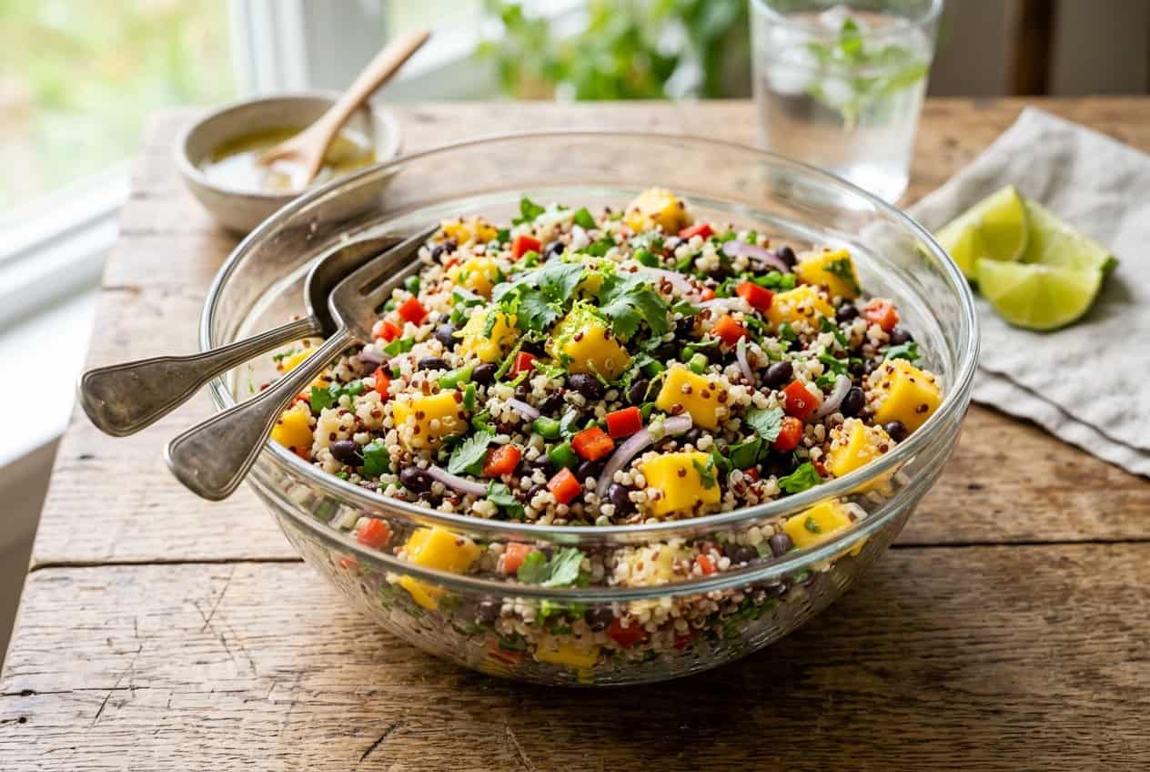 A deep bowl packed with fluffy white quinoa, bright orange mango cubes, black beans, diced red bell pepper, chopped red onion, and fresh cilantro on a wooden table.