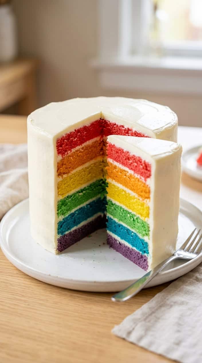 A colorful rainbow layer cake with white frosting on a white plate.