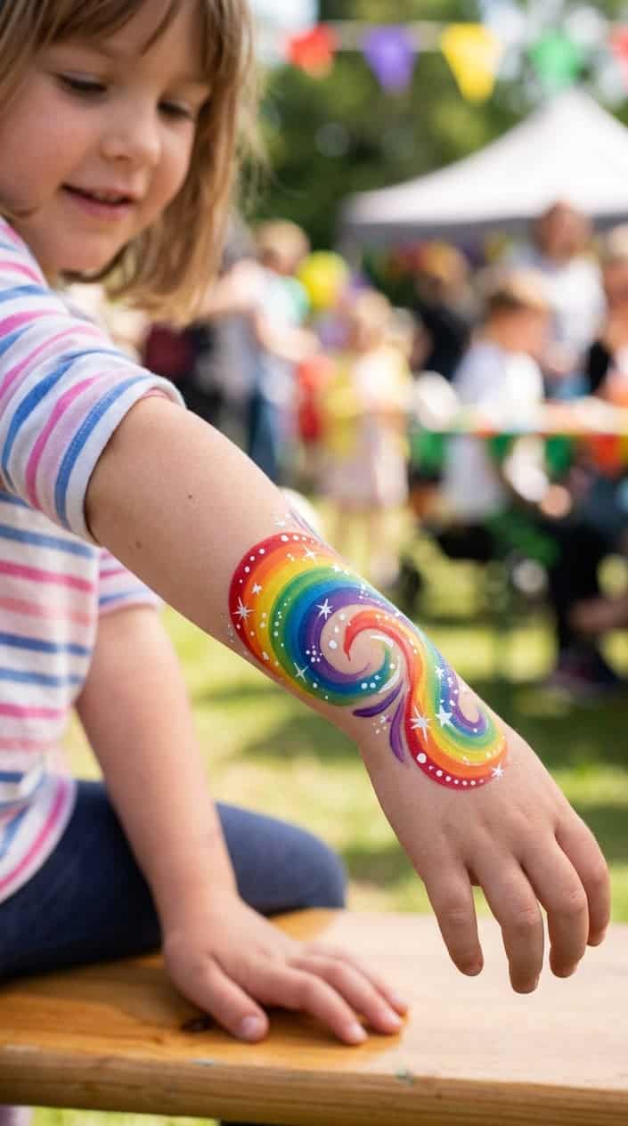 A child's wrist painted with bright rainbow swirls against a softly blurred background.