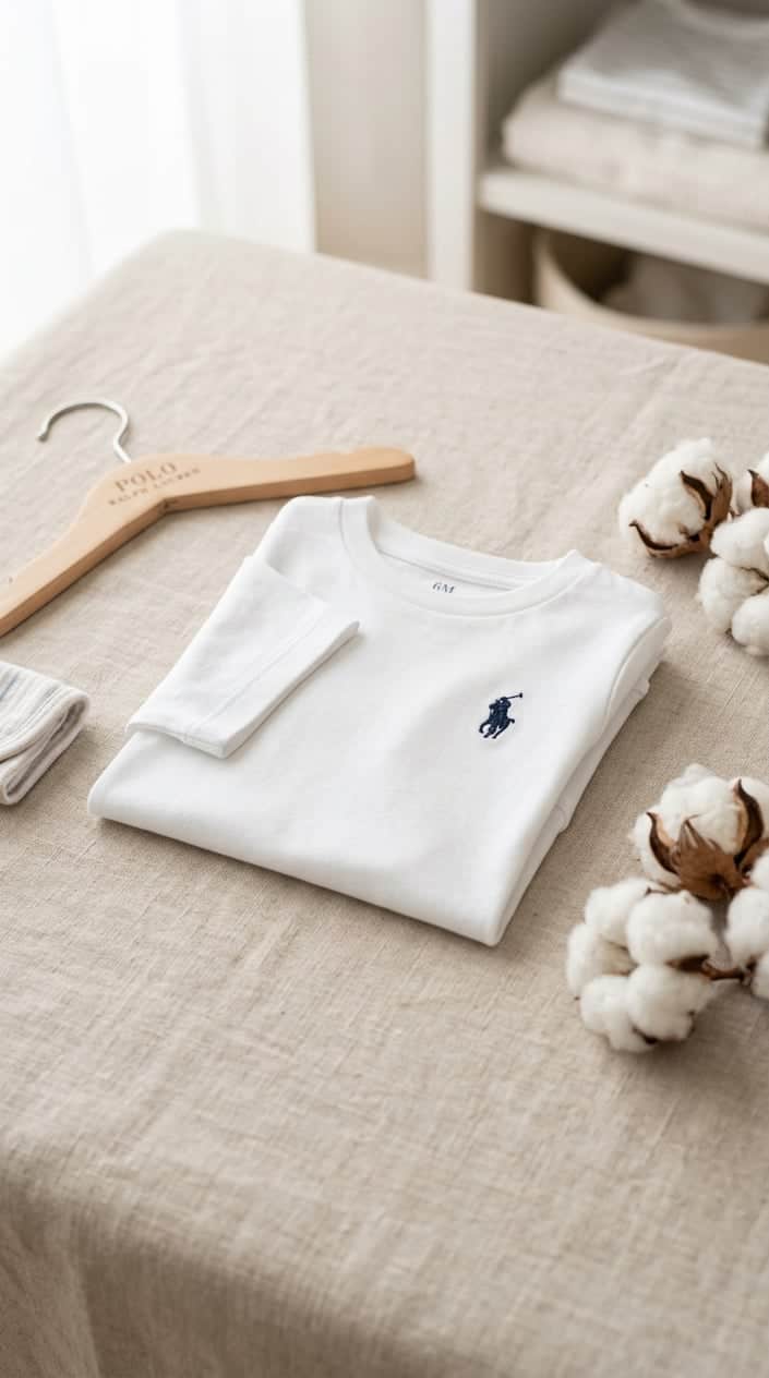 A neatly folded white baby cotton tee with a small logo on the chest placed on a soft surface with cotton balls and a wooden hanger nearby.