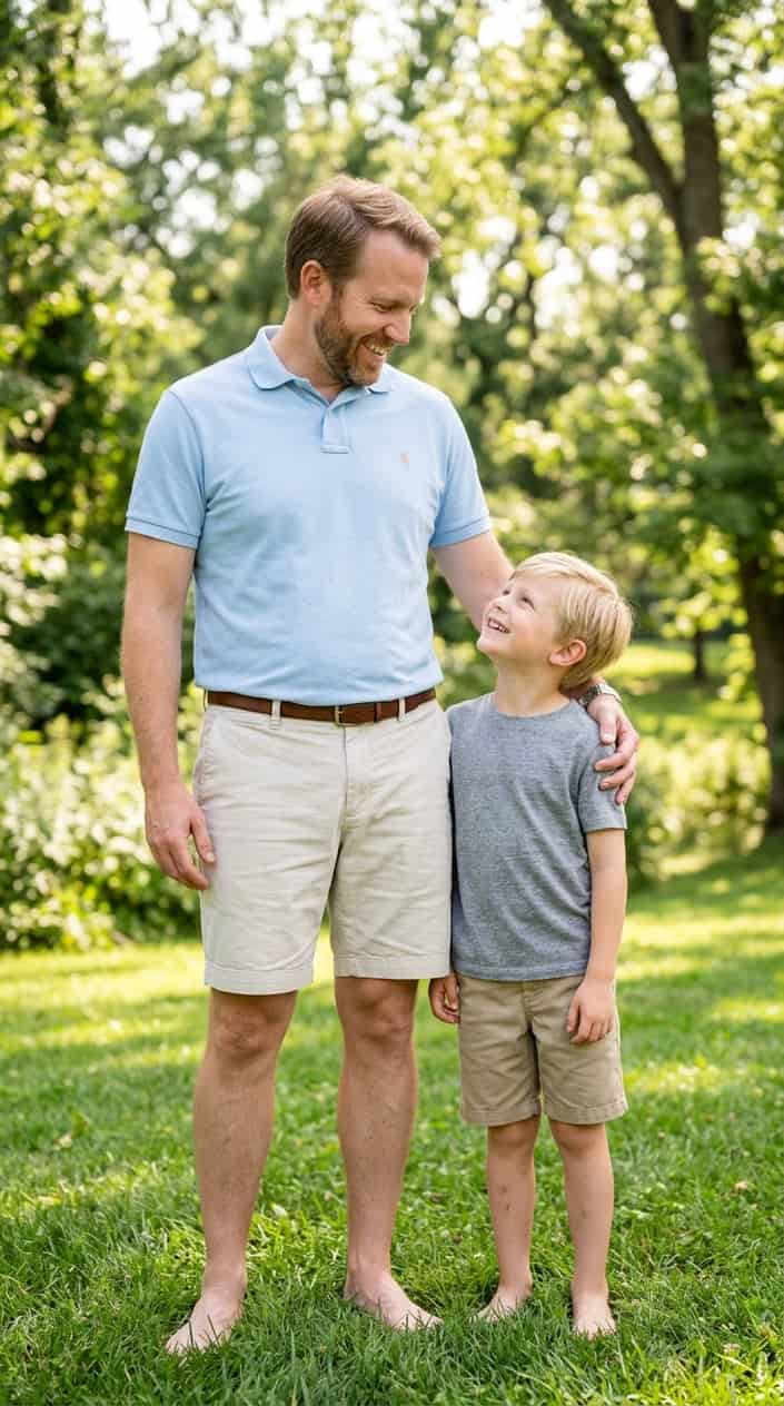 Summer Family Picture Outfits That Coordinate Without Looking Matchy 5 Father and son standing together outdoors, smiling and wearing coordinated summer outfits.