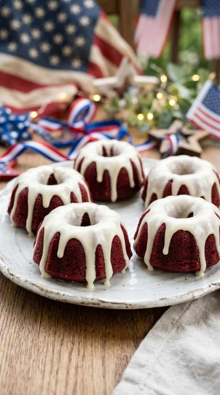 Close-up of red velvet mini bundt cakes with cream cheese glaze on a white plate, surrounded by subtle Fourth of July decorations.