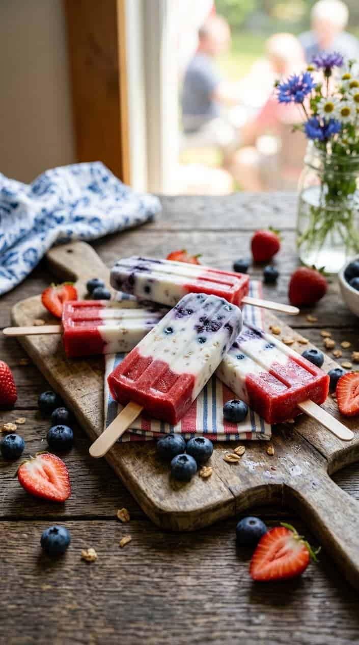Red, white, and blueberry parfait popsicles arranged on a wooden table with fresh berries around them.