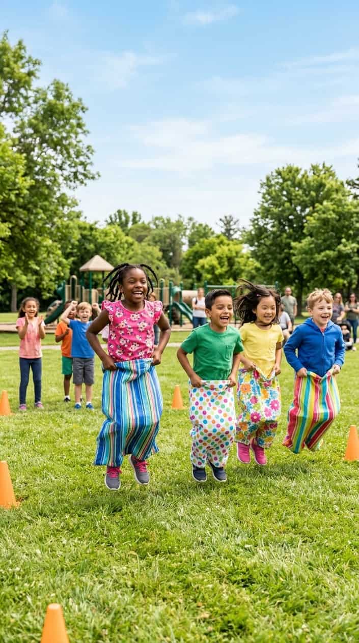 Physical Activities for Kids to Burn Off Energy 10 Children jumping in pillowcases during a relay sack race outdoors on a sunny day.