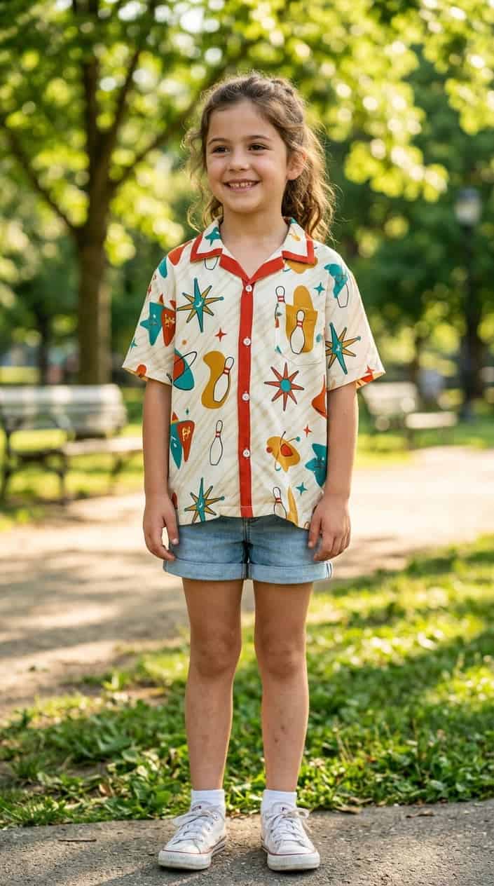 Retro-Inspired Summer Outfits for Girls 7 A young girl standing outdoors in a colorful retro bowling shirt and denim shorts on a sunny summer day.