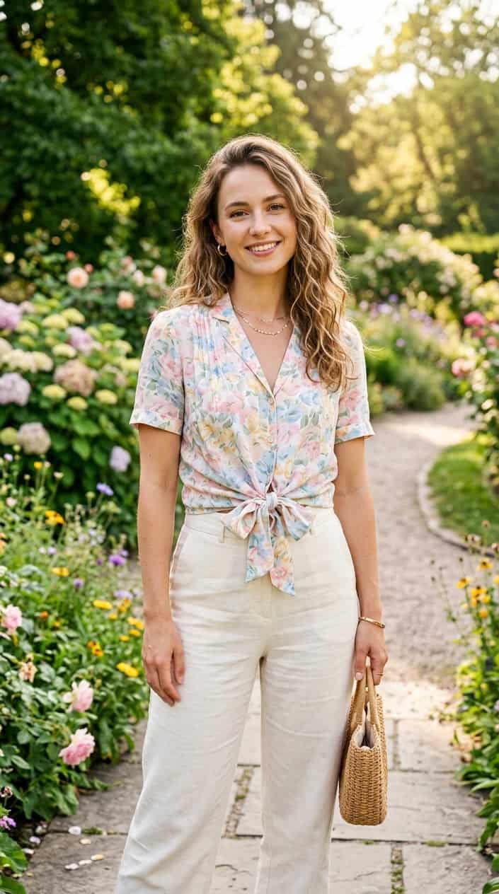 Retro-Inspired Summer Outfits for Girls 11 A young woman outdoors wearing a short-sleeve tie-front blouse, smiling with green plants and flowers in the background.