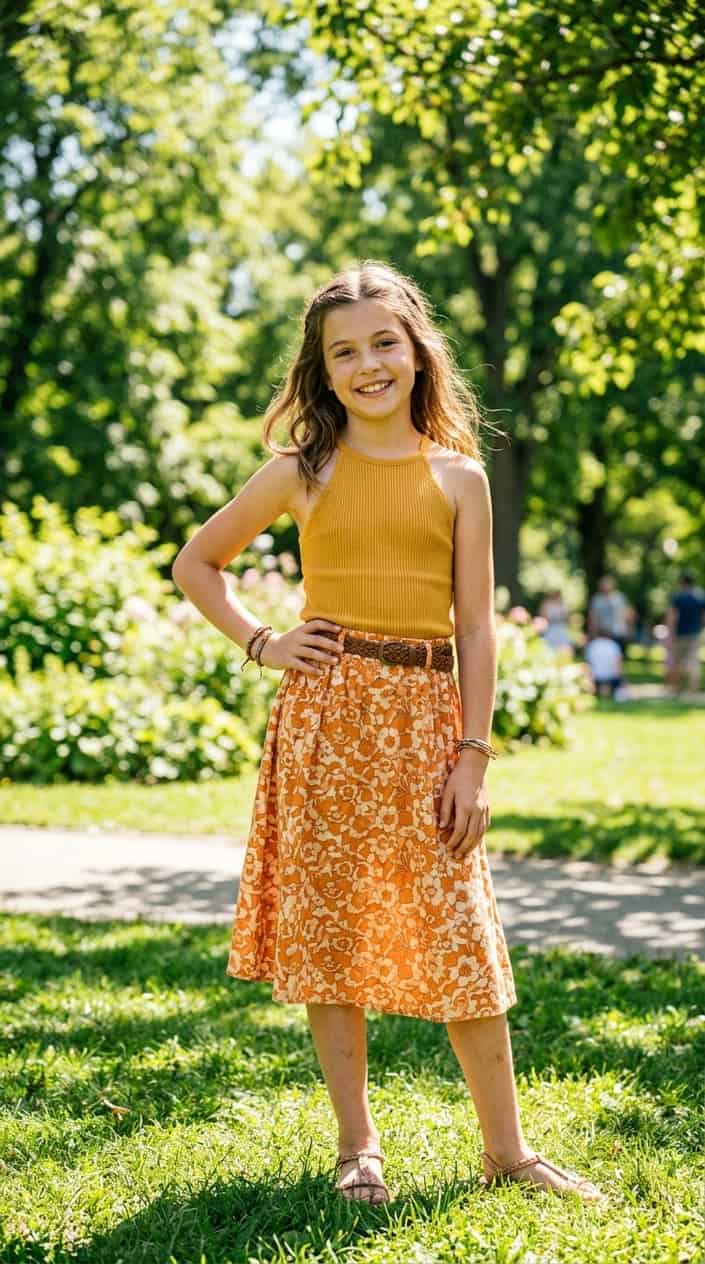Retro-Inspired Summer Outfits for Girls 10 A young girl standing outdoors in a park wearing a halter top and A-line skirt, smiling and posing confidently.