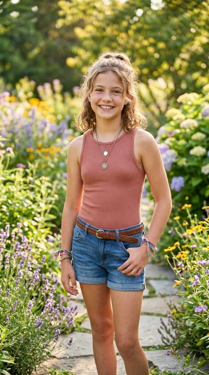 18 Tween Girl Outfits for the Summer They Outgrow Every Shirt 6 A tween girl standing outdoors wearing a ribbed tank bodysuit in a summer setting, smiling and looking at the camera.