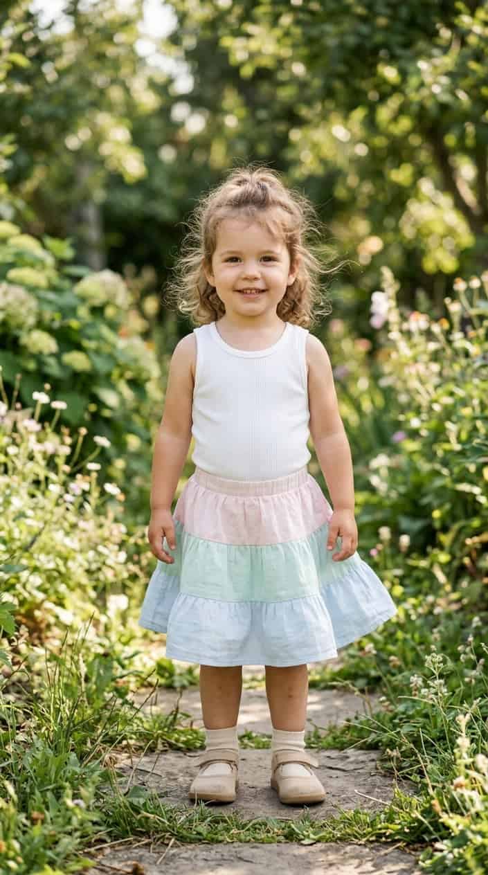 Easy Mix-and-Match Toddler Girl Summer Outfits 10 Toddler girl standing outdoors wearing a white tank bodysuit, tiered cotton skirt, and Velcro Mary Jane shoes on a sunny day.