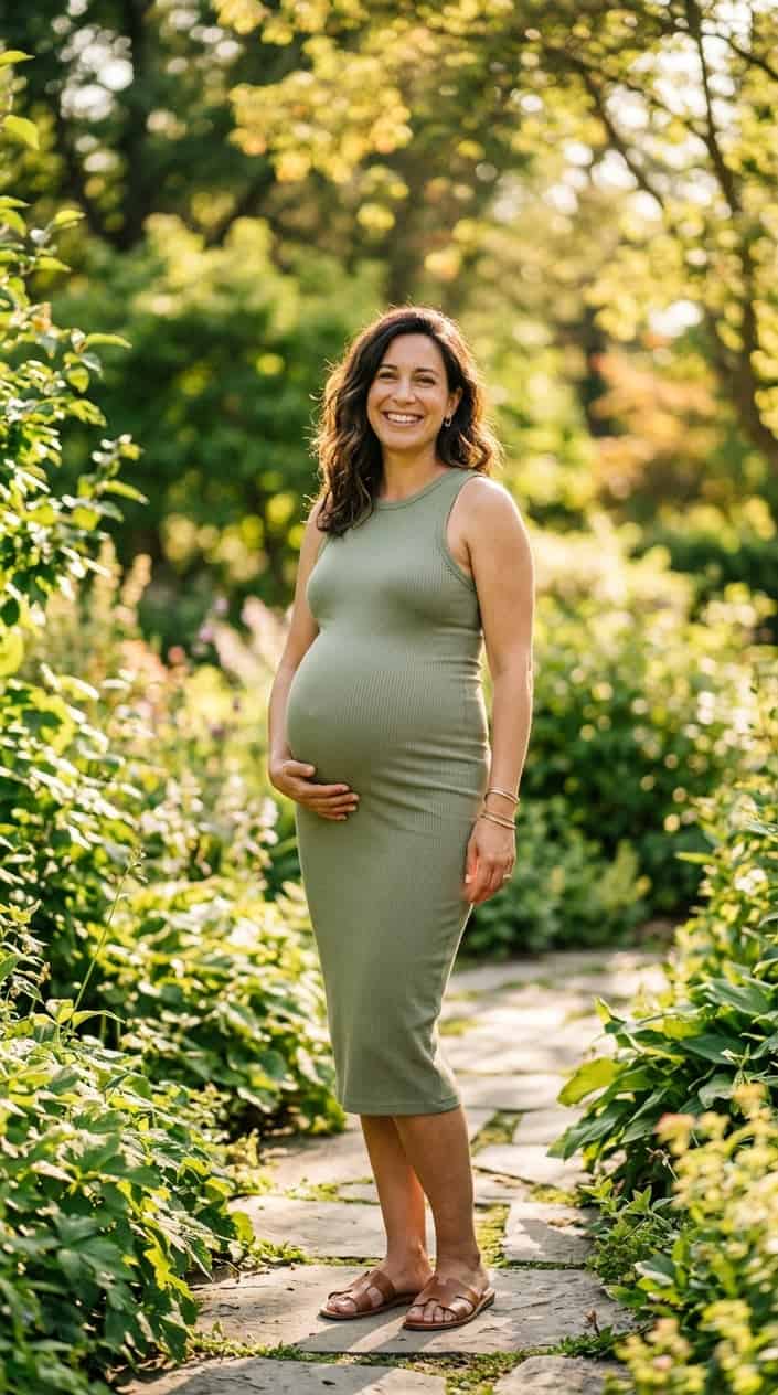 Pregnancy Outfits for a Hot Summer 5 Pregnant woman outdoors wearing a ribbed tank dress, gently holding her baby bump on a sunny summer day.