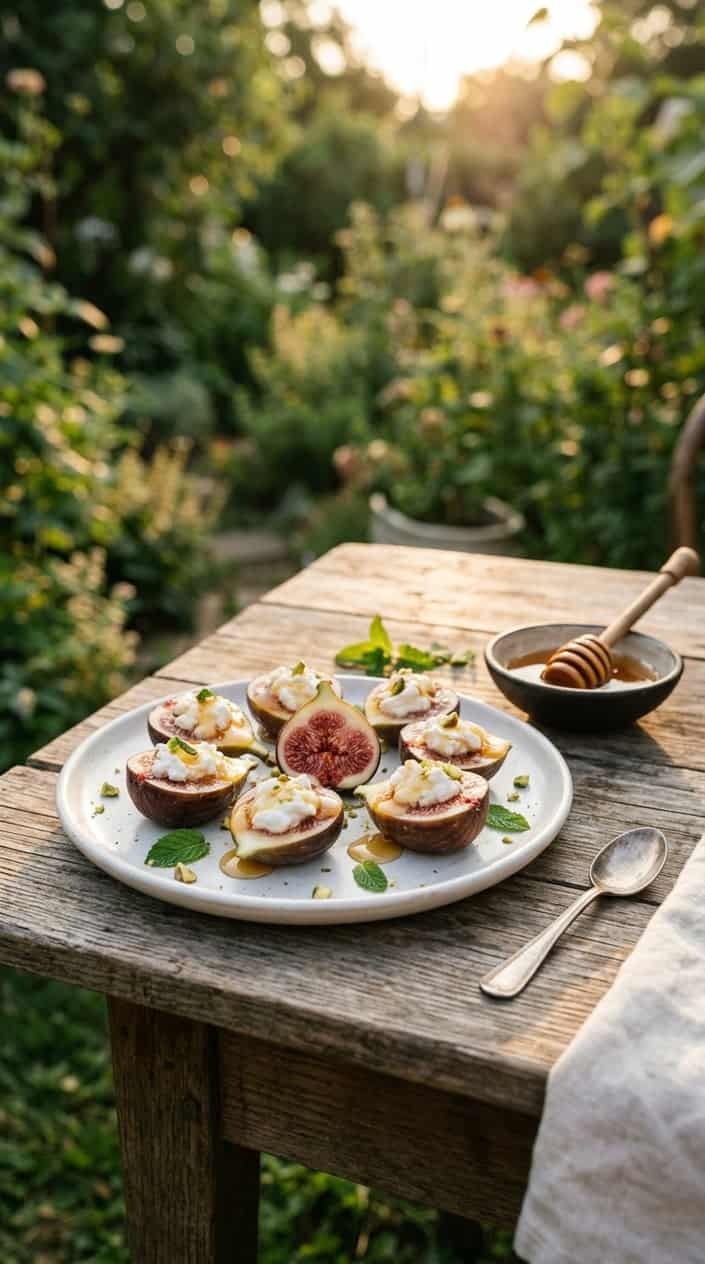 Summer Desserts That Hold Up in the Heat 10 Close-up of halved figs stuffed with ricotta and drizzled with honey on a plate outdoors during golden hour.